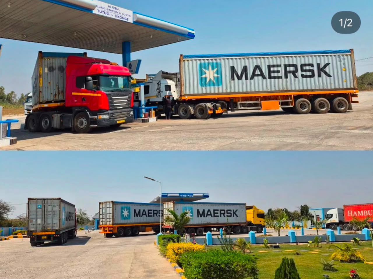 Multiple trucks and trailers at a Tanzanian fuel station — Tanzania heavy transport community